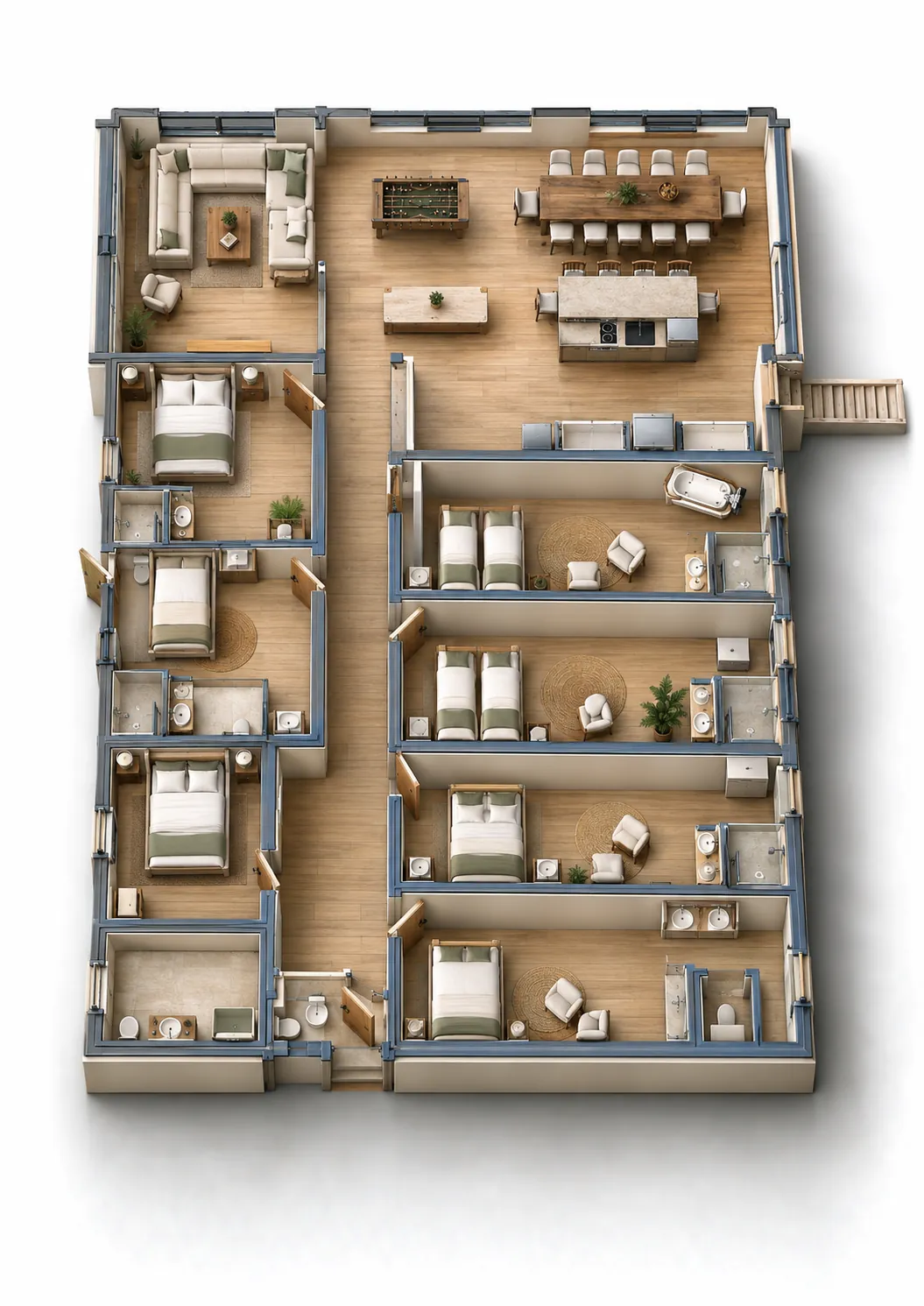 Plan 3D du gîte 14 personnes : grande pièce de vie avec cuisine, table de quatorze couverts, salon et table de jeux, sept chambres avec chacune sa salle de bains.