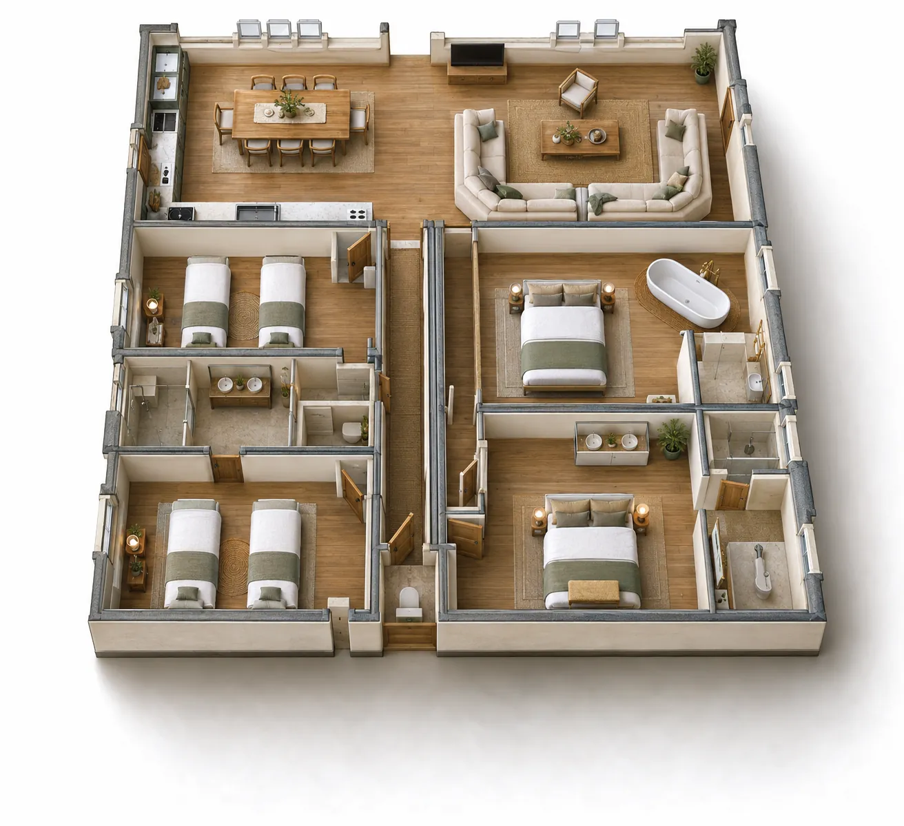 Plan 3D du gîte 8 personnes : séjour ouvert avec cuisine, salle à manger et salon, deux chambres doubles avec salle de bains privative, deux chambres à lits jumeaux partageant une salle de bains.