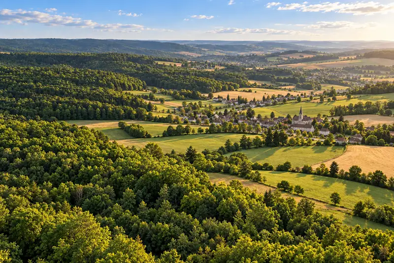 Les forêts, les prés et un village de l'Argonne dans la lumière du soir